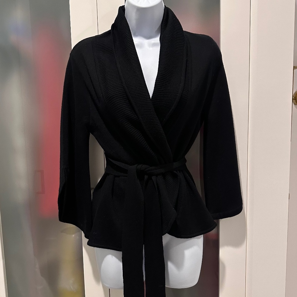 BCBGMaxAzria Black Merino Wool Knit Wrap Belted Cardigan Sweater Jacket Small